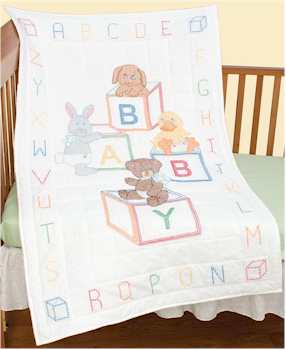 CUTE … OR WHAT? Baby Quilt, Stamped Cross Stitch Kit, finished