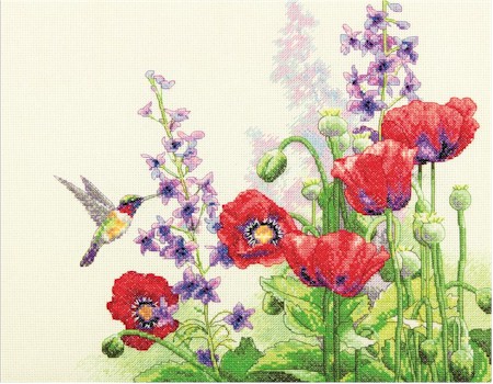 Hummingbird and Poppies - Click Image to Close